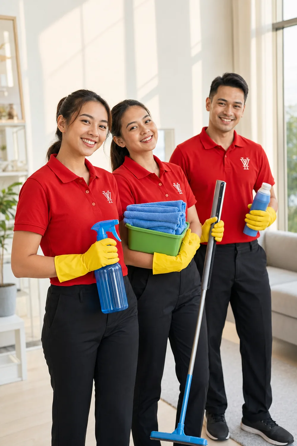 Three YY Goh cleaners in red uniforms carrying towels, mops and cleaning products