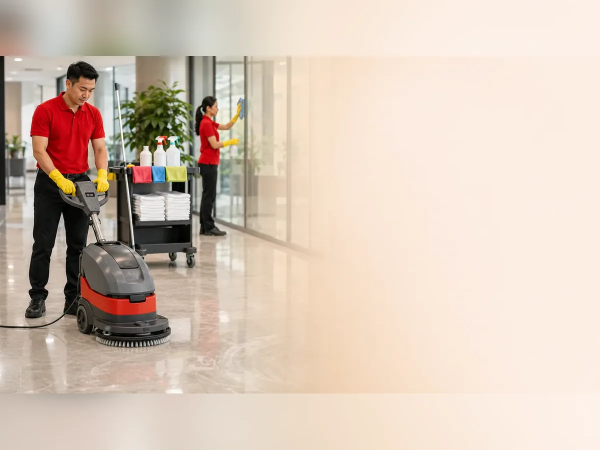 Commercial cleaner operating a floor scrubbing machine in a lobby
