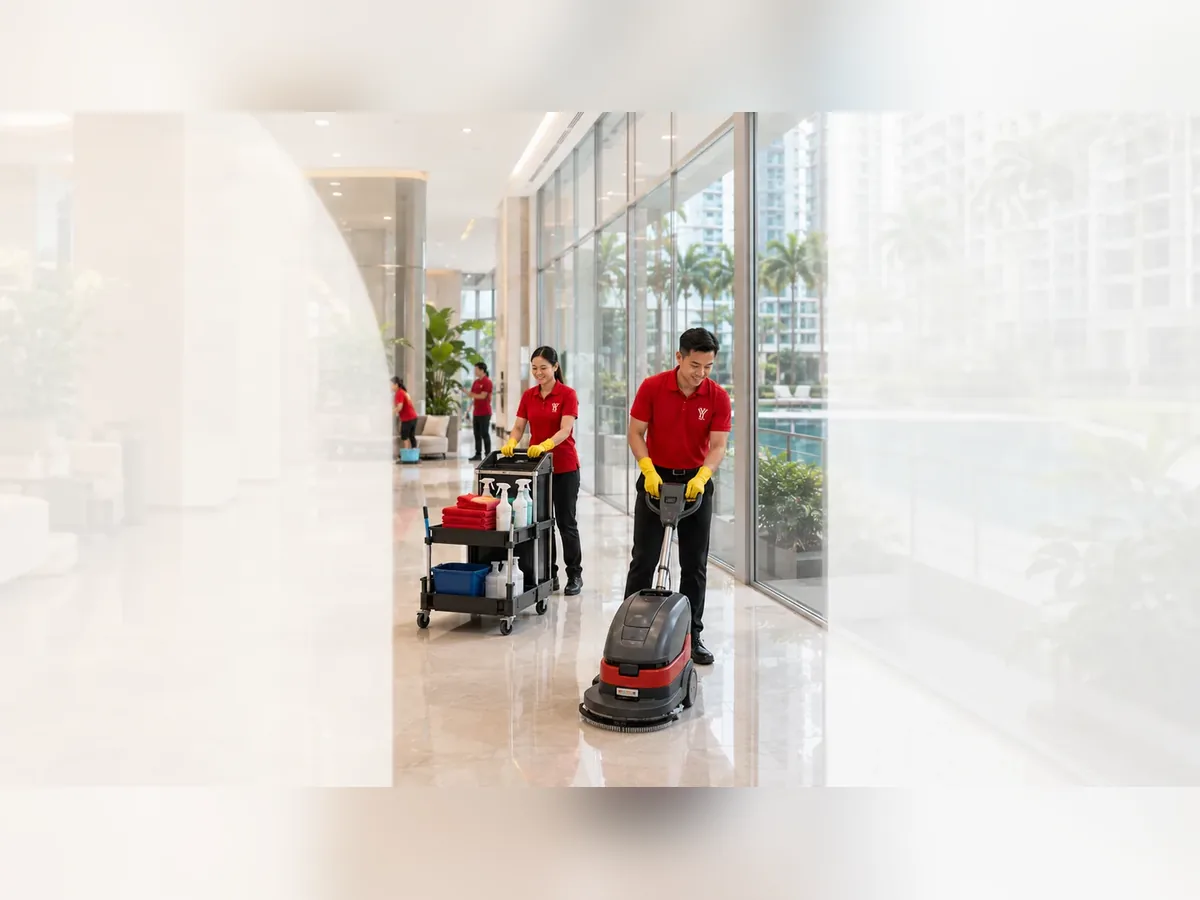 Housekeeping personnel cleaning a condominium corridor in Ipoh