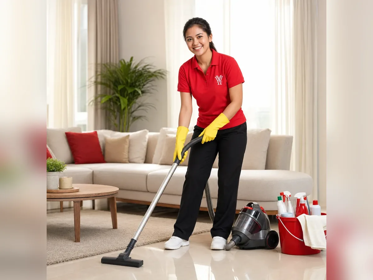 Cleaner vacuuming a living room during a home cleaning service in Ipoh