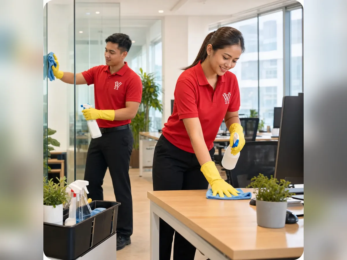 Cleaner disinfecting a desk and workstation in an Ipoh office