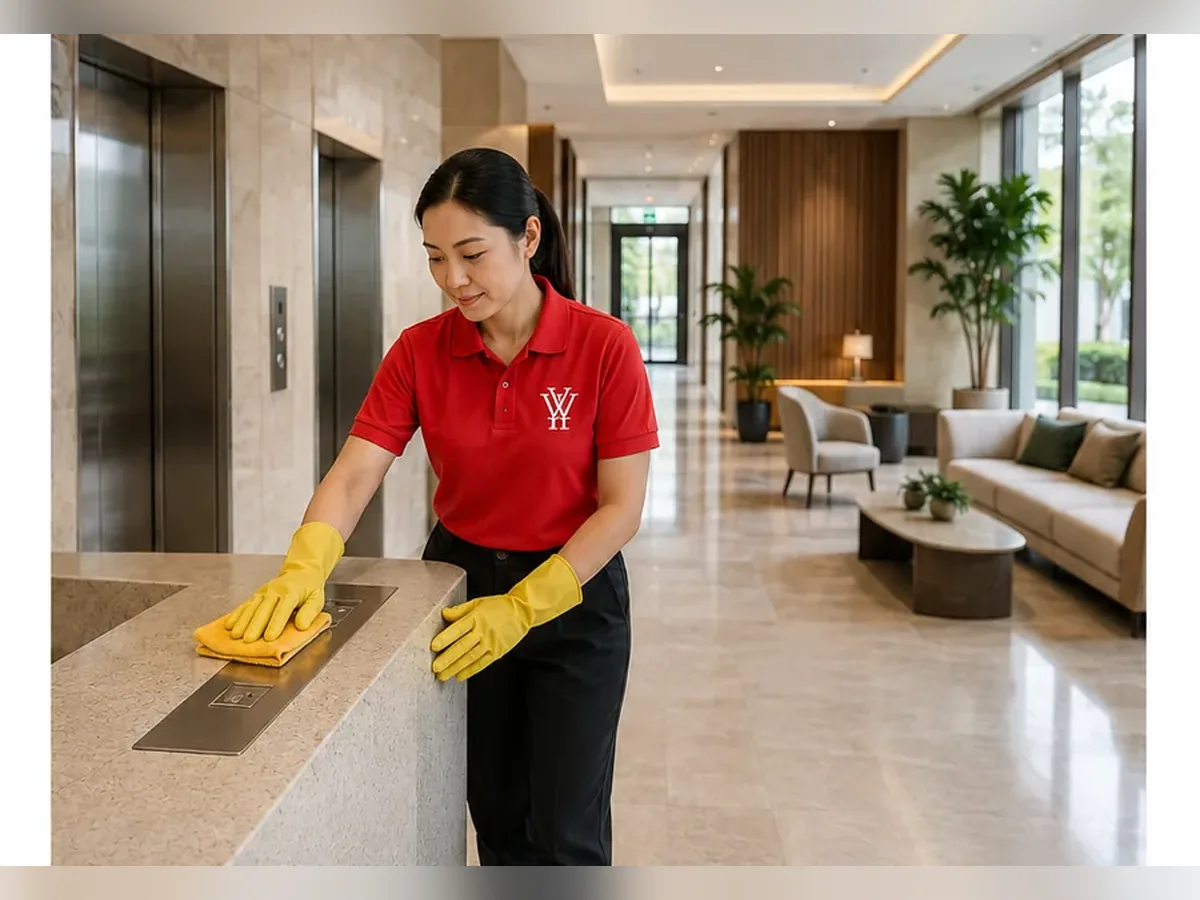 Cleaner maintaining a shared corridor in a multi-tenant building
