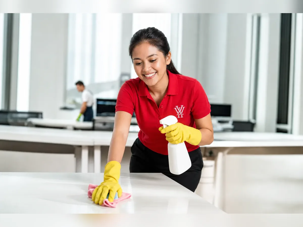 Cleaner polishing a corridor floor before a property handover in Ipoh