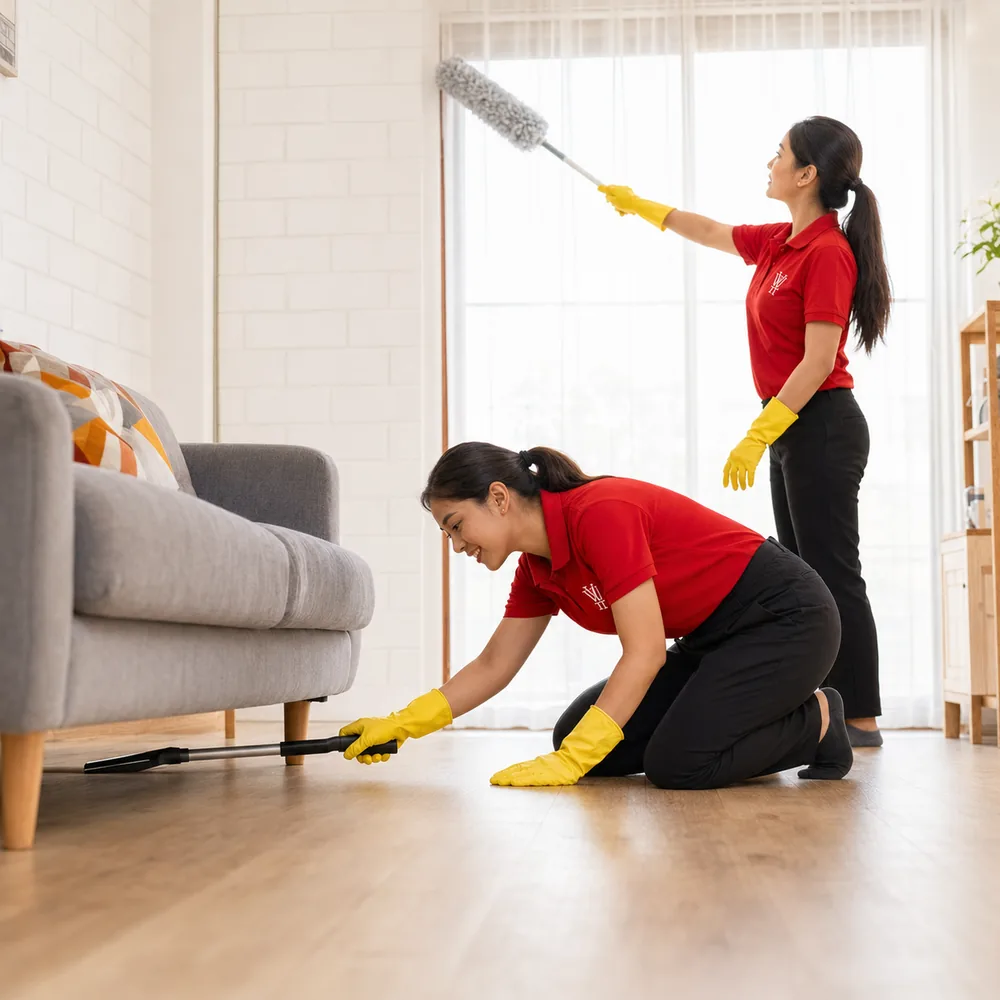 Cleaner dusting kitchen blinds during a routine home clean