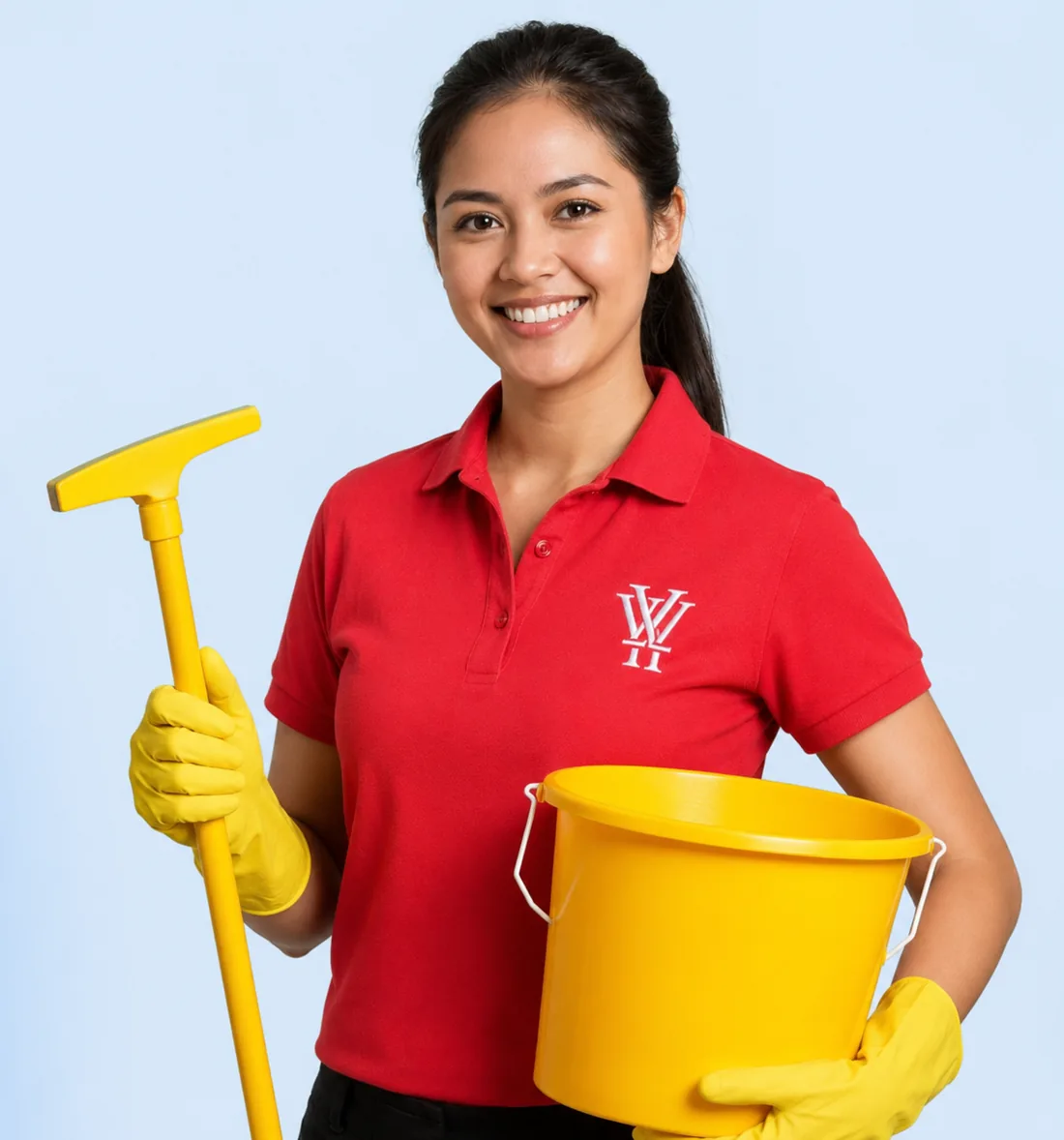 YY Goh cleaner in a red uniform holding a mop and bucket, ready for a home cleaning job in Ipoh