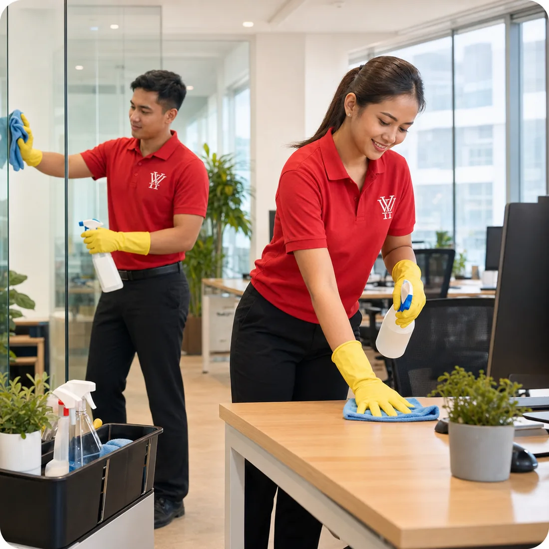 Office desk being disinfected as part of a workplace cleaning routine