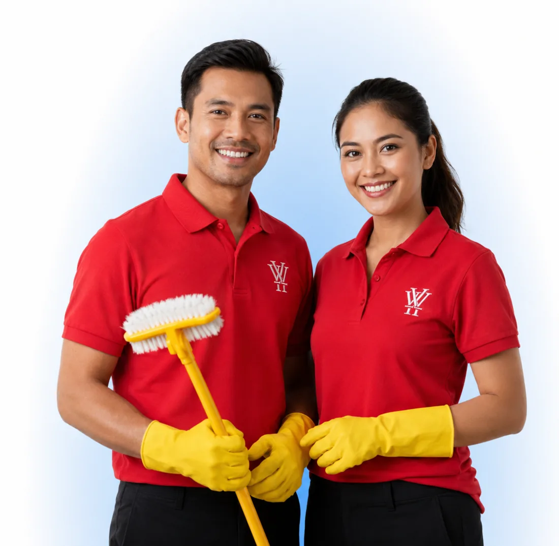Two YY Goh cleaners in red uniforms holding cleaning equipment
