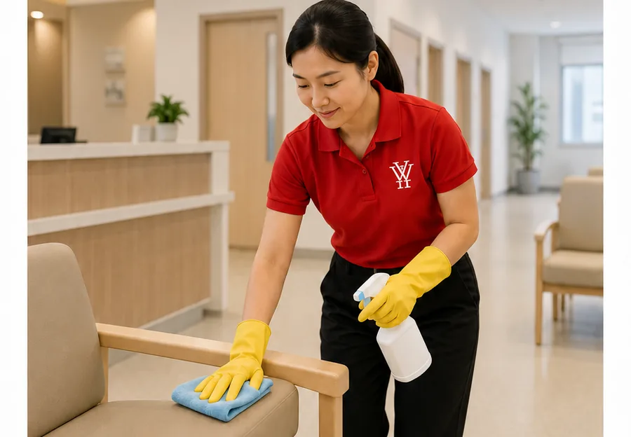 Cleaner disinfecting seating in a clinic waiting area in Ipoh