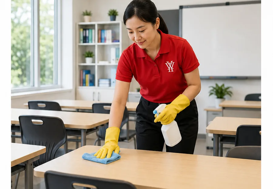 Cleaner wiping desks in a classroom at a training centre in Ipoh