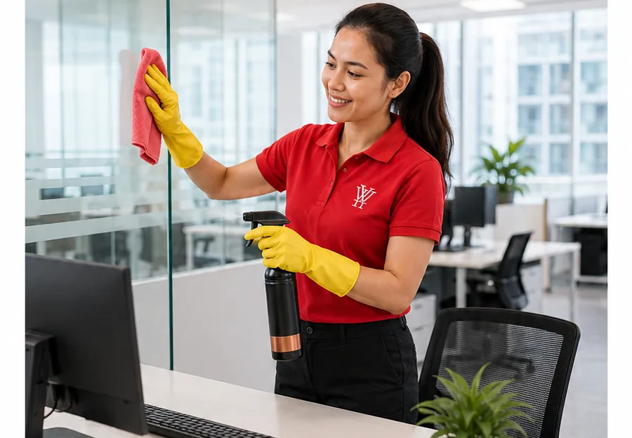 Cleaner wiping glass partitions in a corporate office in Ipoh