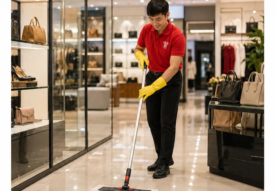 Cleaner mopping the floor of a retail showroom in Ipoh