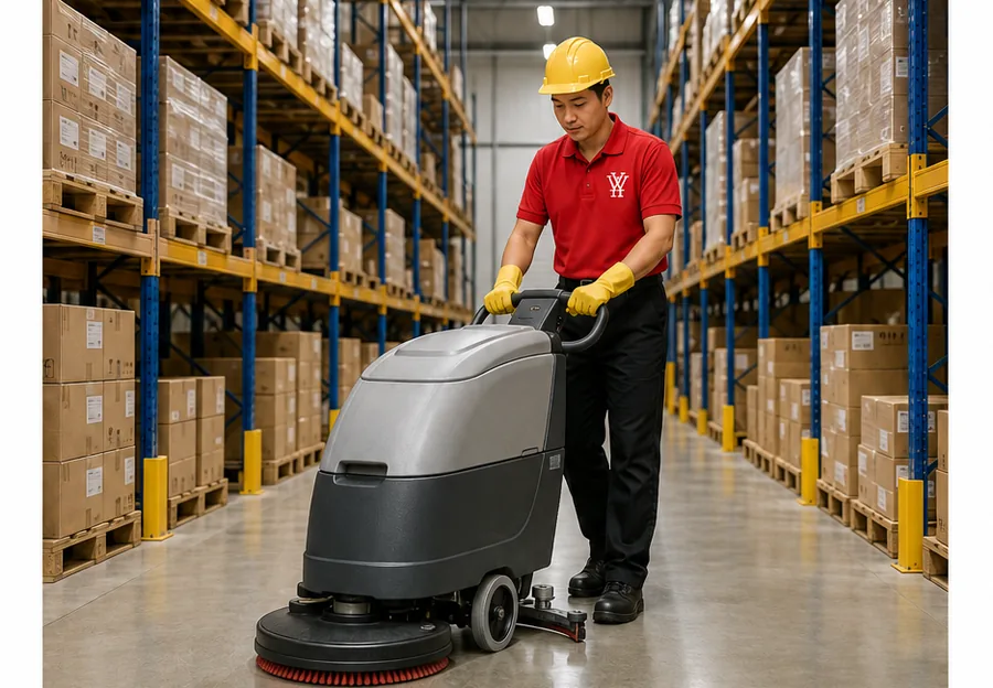 Cleaner operating a floor scrubber inside a warehouse in Ipoh