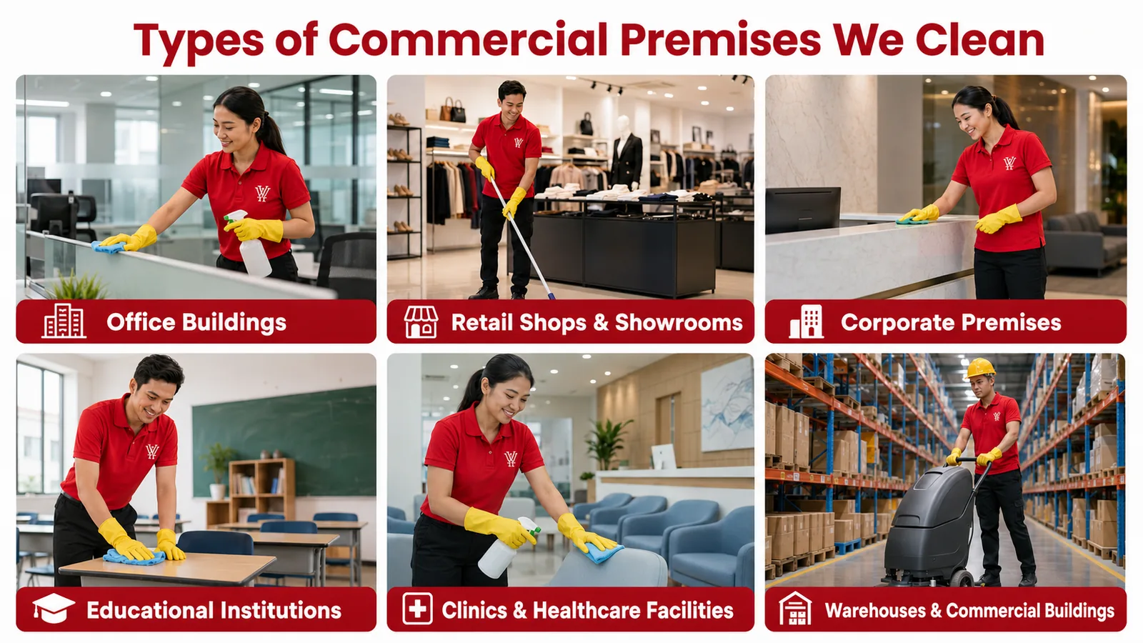Overview of the commercial premises YY Goh cleans in Ipoh: office buildings, retail shops, corporate premises, educational institutions, clinics and warehouses