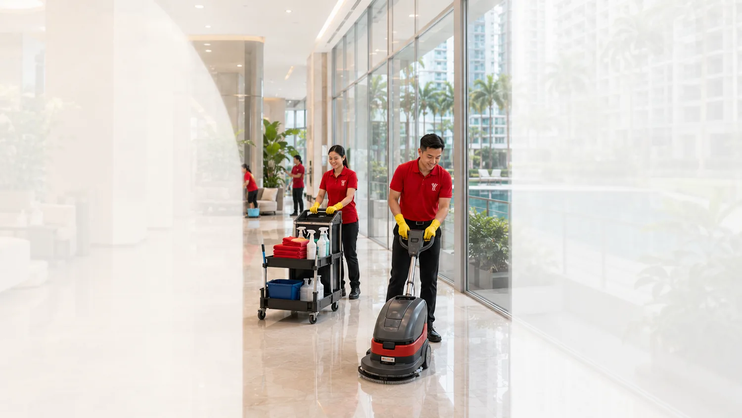 Cleaner maintaining a shared corridor and lift lobby in an Ipoh condominium