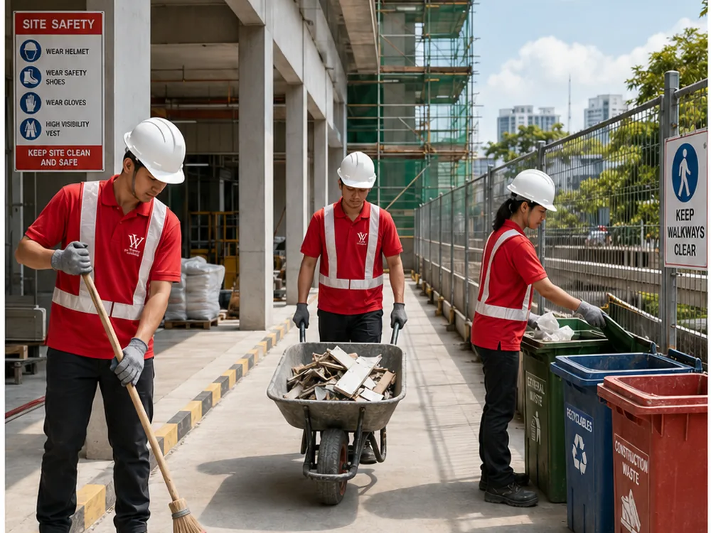 Housekeeping crew keeping a construction site clean and safe in Ipoh