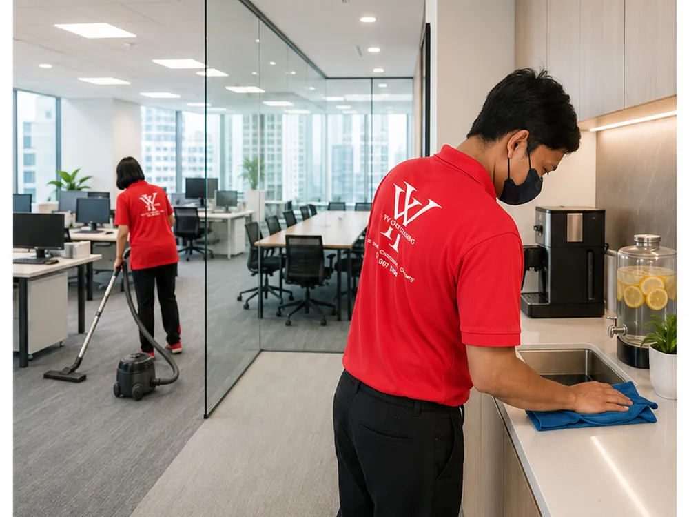 Housekeeper cleaning a corporate pantry in Ipoh