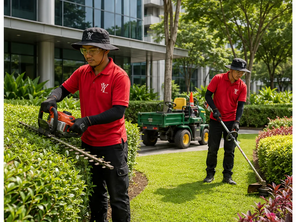YY Goh worker cutting grass and maintaining a lawn at a commercial property in Ipoh