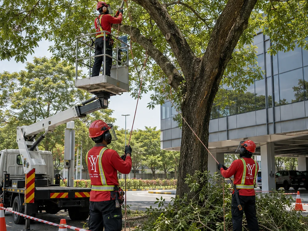 Team safely trimming a tree near a commercial building in Ipoh