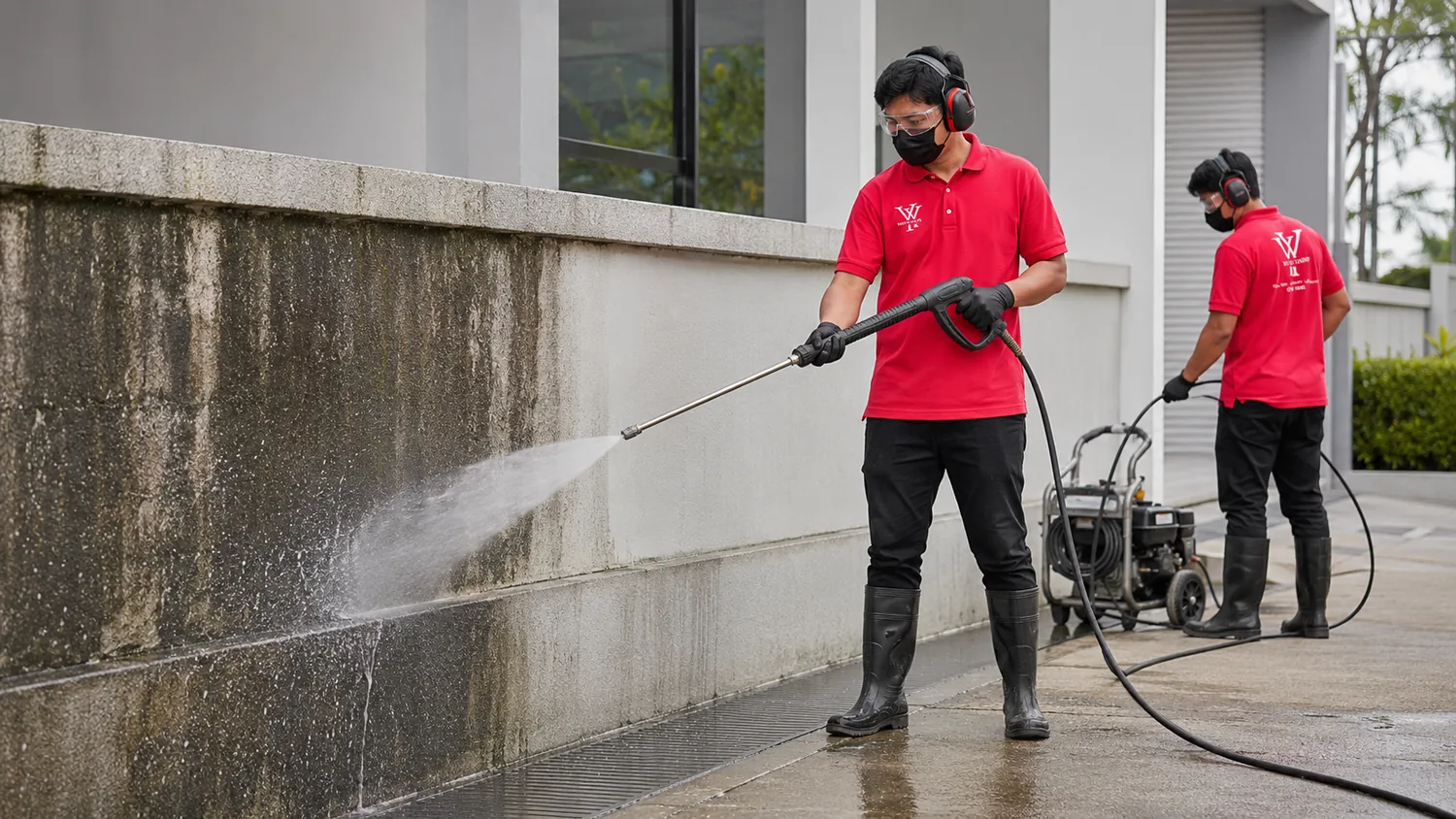 Operator pressure-washing an exterior wall in Ipoh